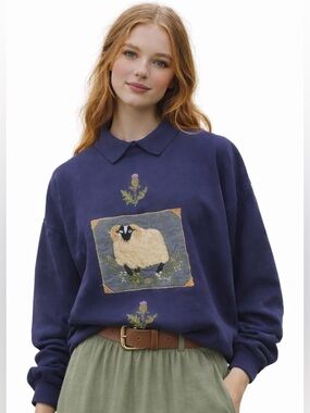 Vintage Sheep Embroidered Collared Sweater UK Made Cottagecore Grandmacore